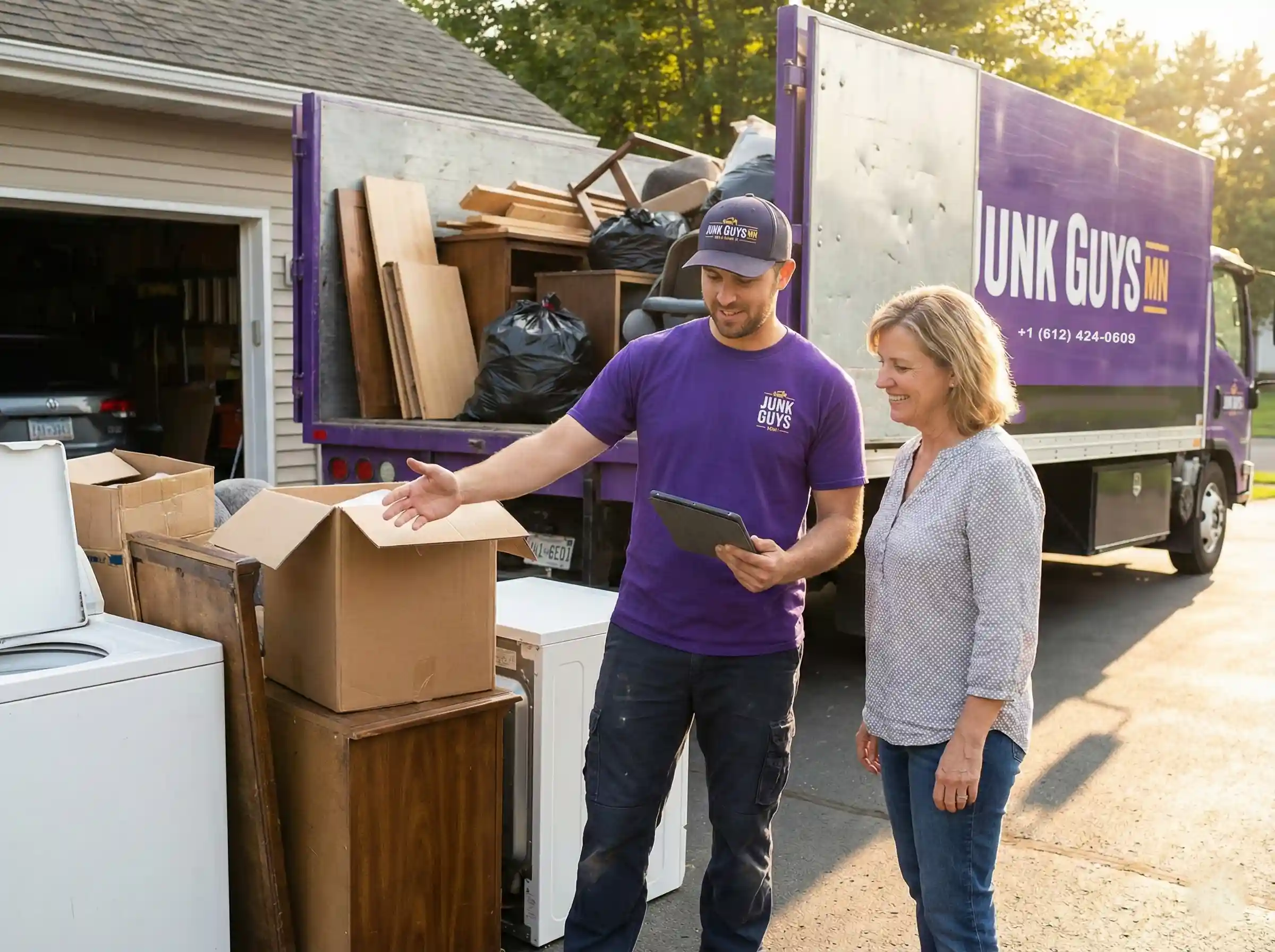 Professional crew member providing transparent pricing estimate with clipboard